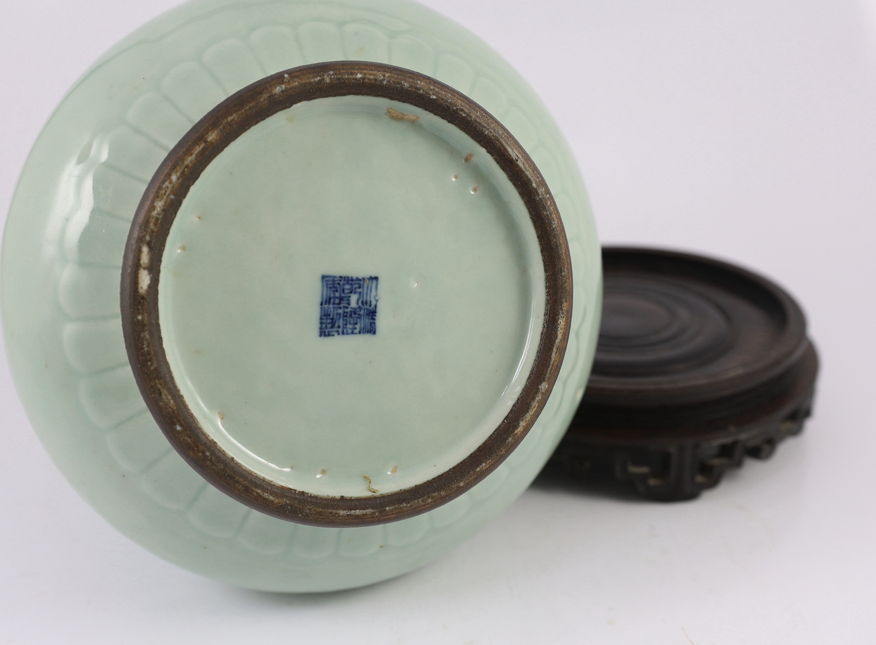 A Chinese celadon glazed vase, hu, Qianlong seal mark and probably of the period (1736-1795)